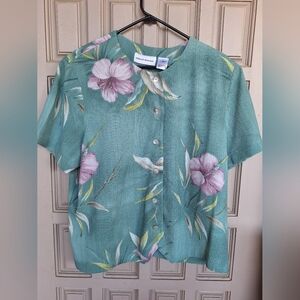 Alfred Dunner Blouse Plus Sz18 Sea Grn Short Sleeve Floral Button Front Washable